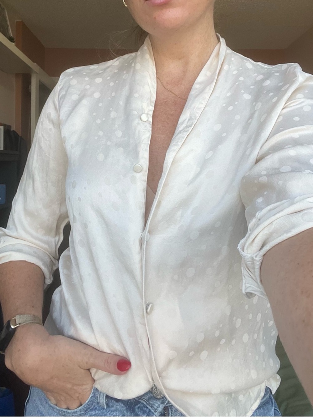 Cream Polka Dot Satin Button-Up Blouse - 100% silk
